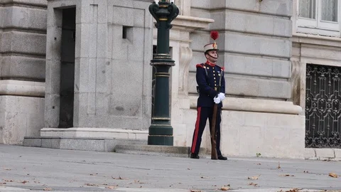 Soldier in uniform in front of the sentry box of the royal palace in Madrid 스톡 동영상 120608930
