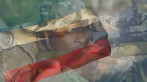Soldier using binoculars sending hand signal and partner raising scoped rifle Stock Footage 320128325