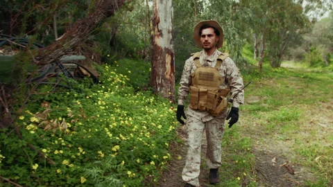 Soldier Walking Back To The Base In The Nature Stock Footage 310686050