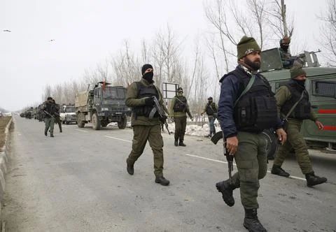 A soldier was killed and three others wounded in a grenade attack, Kulgam, India Stock Photos