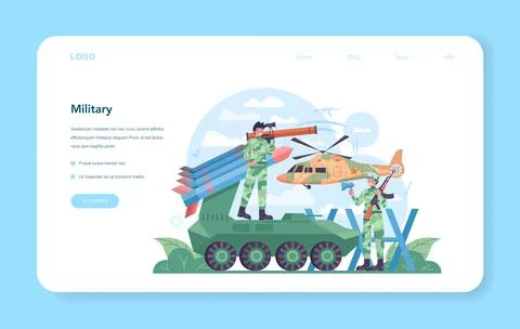 Soldier web banner or landing page. Millitary force employee Stock Illustration