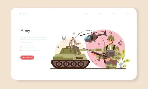 Soldier web banner or landing page. Millitary force employee in camouflage Stock Illustration