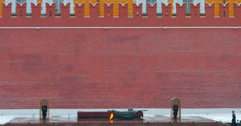 Soldiers are on a post at the Tomb of the Unknown Soldier near the Kremlin wall Stock Footage 72826447