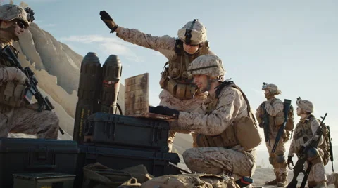 Soldiers are Using Laptop Computer for Surveillance During Military Operation  Stock Footage