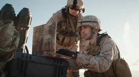 Soldiers are Using Laptop Computer for Surveillance During Military Operation Stock Footage 68998305