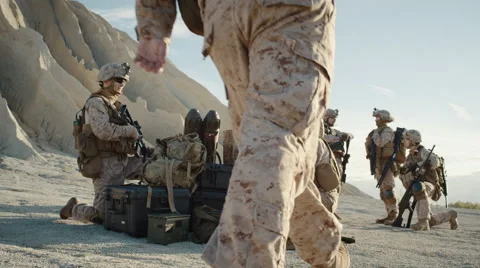 Soldiers are Using Laptop Computer for Surveillance During Military Operation Stock Footage