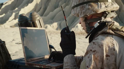 Soldiers are Using Laptop Computer and Radio for Communication During Operation Stock Footage 68998708
