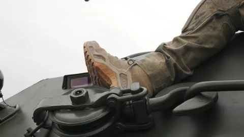 Soldier's boot on tank armor Stock-Footage 218434130