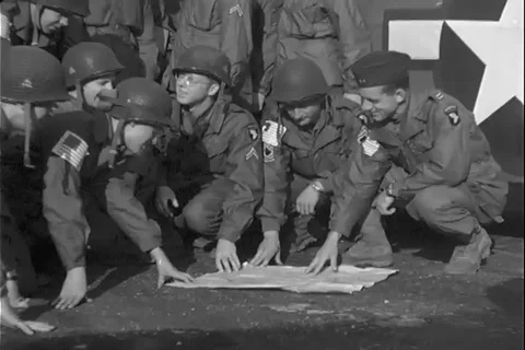 Soldiers check maps and board airplane at the airfield - 1944 Stock Footage 112174181