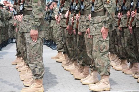 Soldiers during the drill on the square Stock Photos