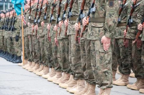 Soldiers during the drill on the square Stock Photos