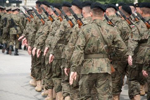 Soldiers during the drill on the square Stock Photos