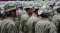 Soldiers in green uniform at the military parade in Kiev, Ukraine HD Footage