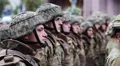 Soldiers in green uniform at the military parade in Kiev, Ukraine HD Footage