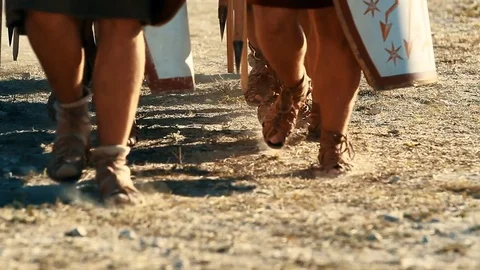 A soldiers marching in row with shields, spears and swords Video stock 80909752
