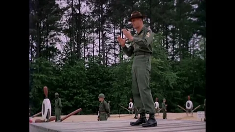 Soldiers practicing close combat fighting in basic training in America in 1967 Video stock 95068329
