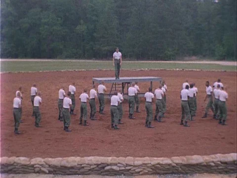 Soldiers practicing martial arts in basic training in America in 1967. Stock Footage 75282124