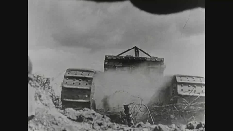 Soldiers secure themselves as tank attacks the trenches - 1914-1918 Stock Footage 104337231