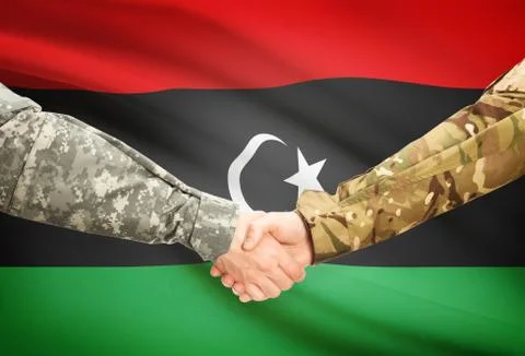 Soldiers shaking hands with flag on background - Libya Stock Illustration