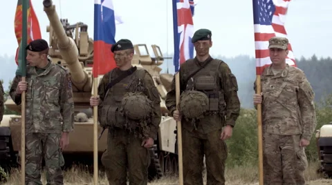 Soldiers stand in a row with flags Stock-Footage 67257580