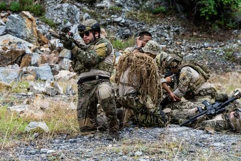 Soldiers train at a military range while practicing shooting skills during .. Stock-Fotos