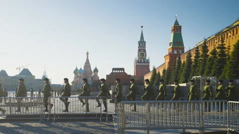 Soldiers training for a drill step on Red Square, Moscow Russia, spring of 2021 Stock Footage 221512253