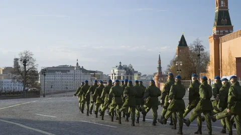 Soldiers training for a drill step on Red Square, Moscow Russia, spring of 2021 Stock Footage 221512679