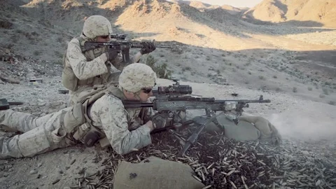 Soldiers of the United States during shooting training in deserted area Stock Footage