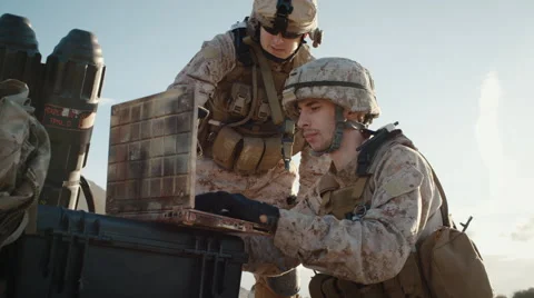 Soldiers using Laptop Computer at Desert Stock Footage 68998324