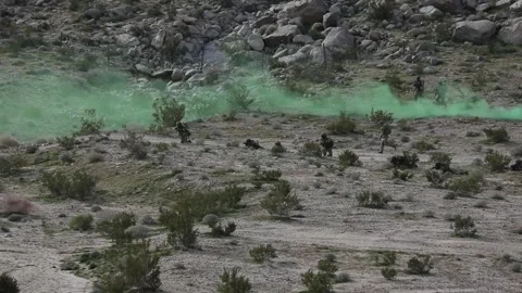 Soldiers using smokescreen as cover in desert Stock Footage 268823309