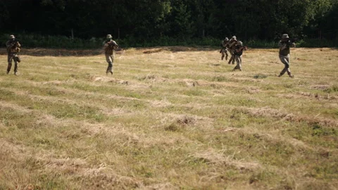 Soldiers with weapons and ammunition attack enemy on battlefield. Military Stock-Footage 208846215