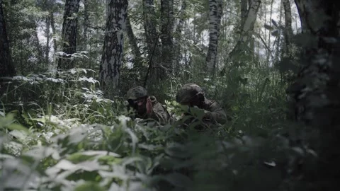 Soldiers work as team protecting the front line while sitting in ambush Stock Footage 327351433