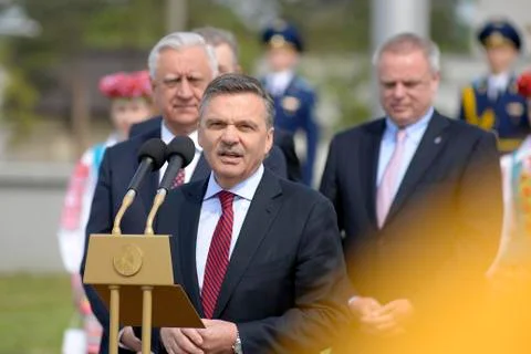 Solemn ceremony of hoisting the flags before the World Hockey Championship Stock Photos