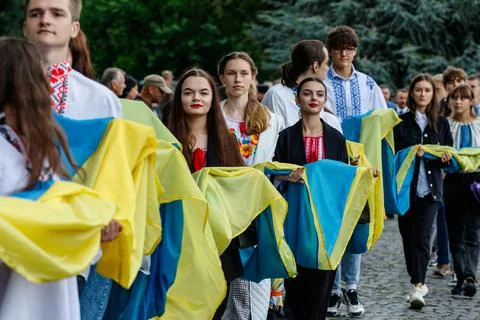 Solemn procession with a 100-meter flag in Uzhgorod. Celebrating the Independ Stock Photos