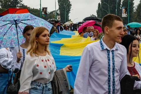 Solemn procession with a 100-meter flag in Uzhgorod. Celebrating the Independ Stock Photos