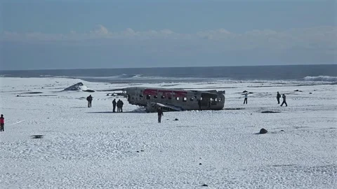 Solheimasandur plane wreck site in Iceland during the Winter Stock Footage 332142653