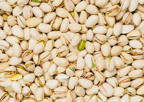 Solid background of pistachios, light beige color with green fragments Foto stock