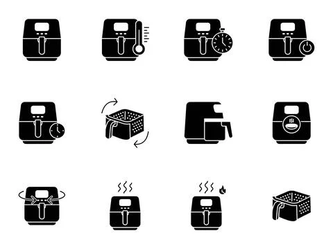 Solid Black Air Fryer Functions Glyph Icon Set Stock Illustration