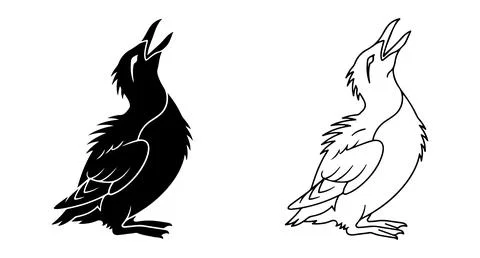 Solid black and white outline vector silhouettes of a baby bird chirping Stock Illustration