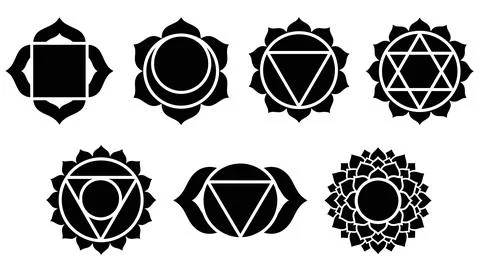 Solid black chakra symbols collection featuring bold silhouettes of spiritu.. Stock Illustration
