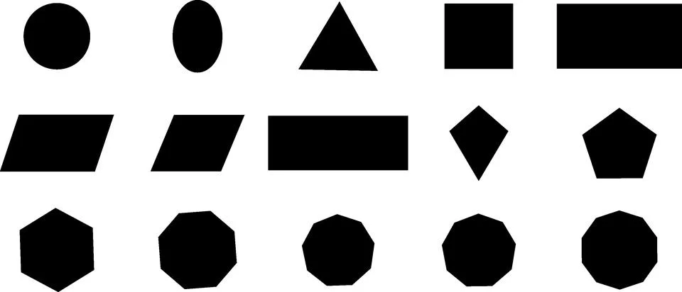 Solid black geometric shapes collection, basic polygon silhouettes, flat de.. Ilustração Stock