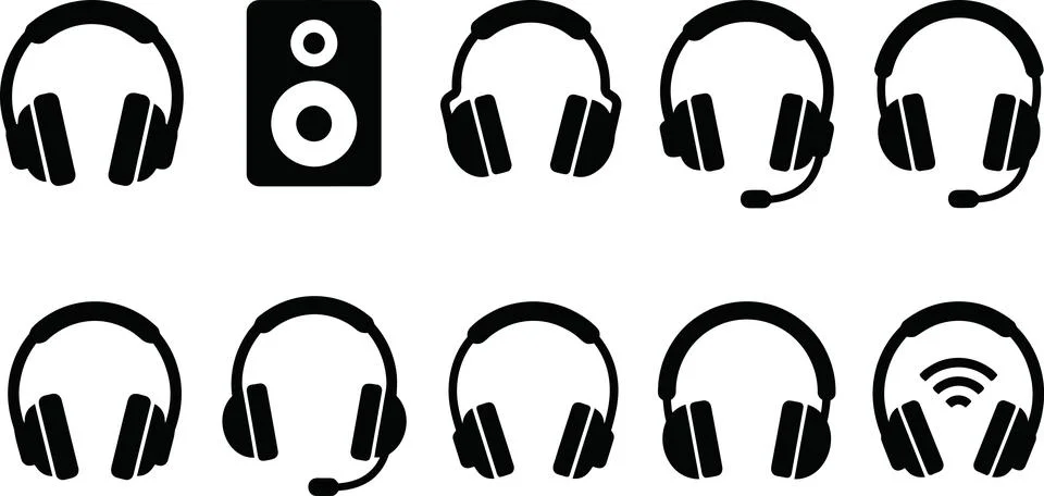Solid black headphone icon collection for audio equipment branding. Stock Illustration