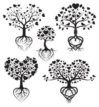 Solid Black Heart Tree Silhouette Vector Collection with Roots and Birds fo.. Stock Illustration