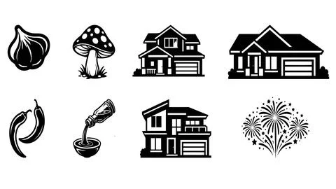 Solid black icons of suburban architecture Stock Illustration