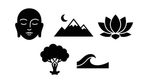 Solid black mindfulness icons with buddha face mountain landscape lotus and.. Stock Illustration