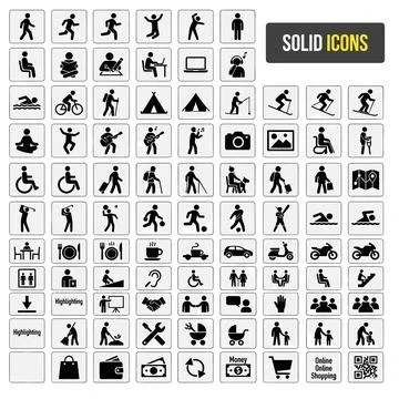 Solid black pictogram icon set featuring human activities, sports, travel, .. Stock Illustration