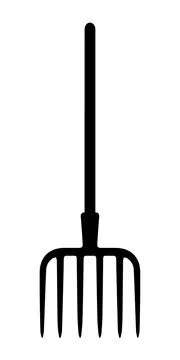 Solid black silhouette of a garden pitchfork with five tines and a long handle Stock Illustration