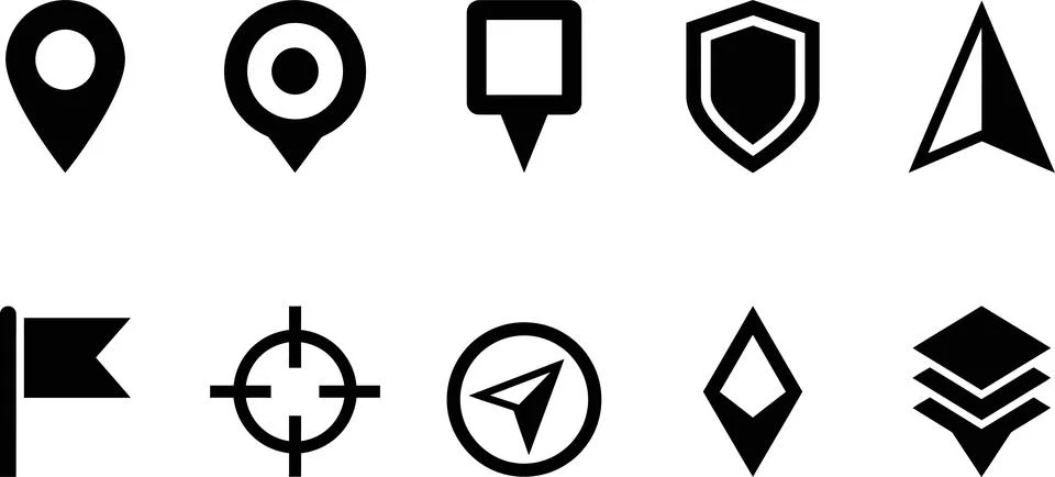 Solid black silhouette map pointers and navigation interface symbols. Stock Illustration