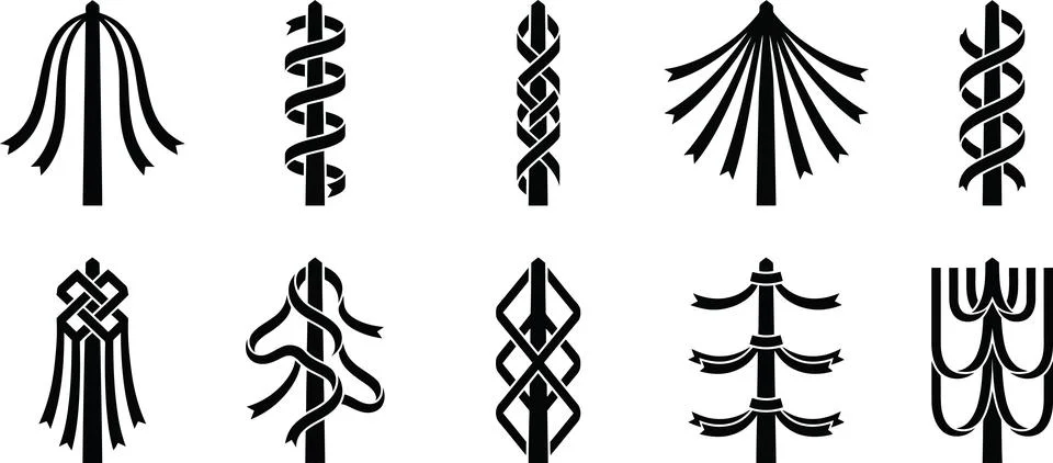 Solid black silhouette maypole icons with various ribbon winding styles. Stock Illustration