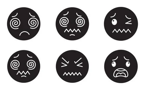 Solid Black Silhouette Vector Bundle of Sick and Dizzy Emoji Faces for Bold.. Stock Illustration